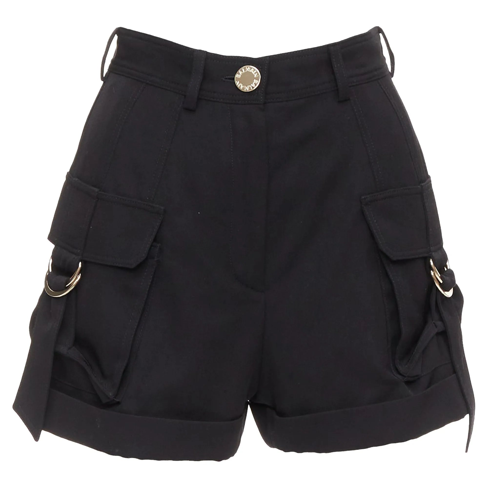 Balmain wool gold logo button pocketed cargo shorts