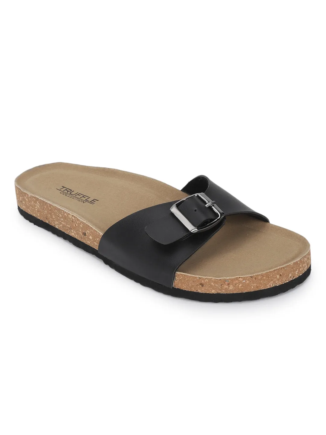 Black PU Cork-Latex Footbed Flats (TC-100505-BLK)