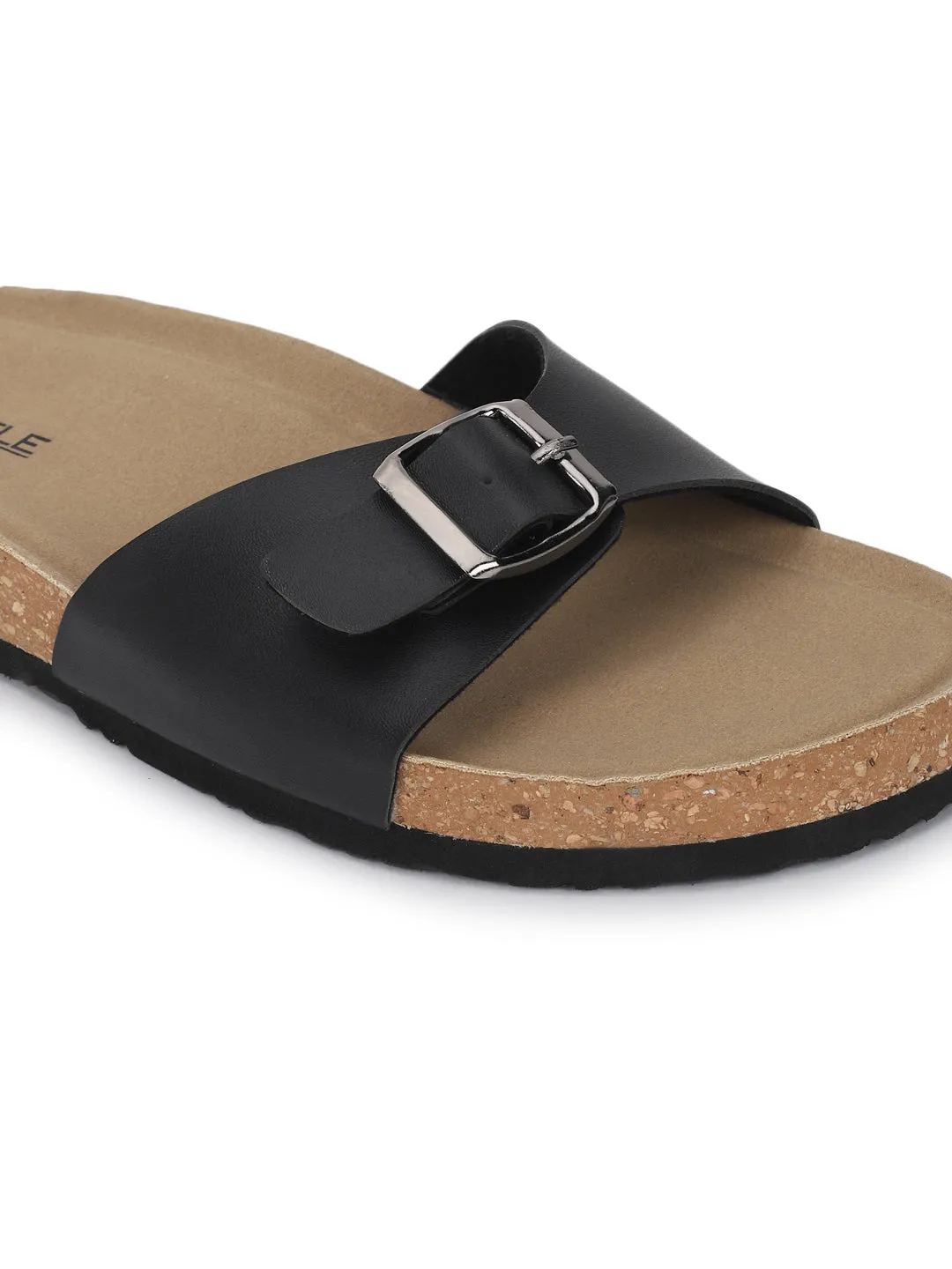 Black PU Cork-Latex Footbed Flats (TC-100505-BLK)