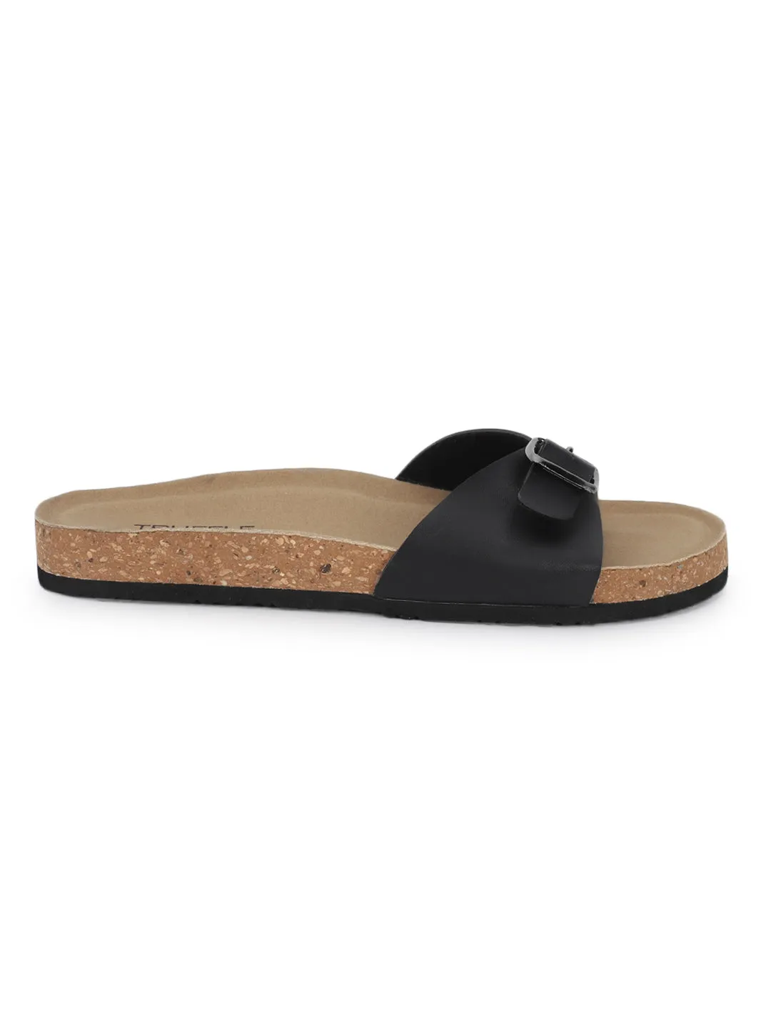 Black PU Cork-Latex Footbed Flats (TC-100505-BLK)