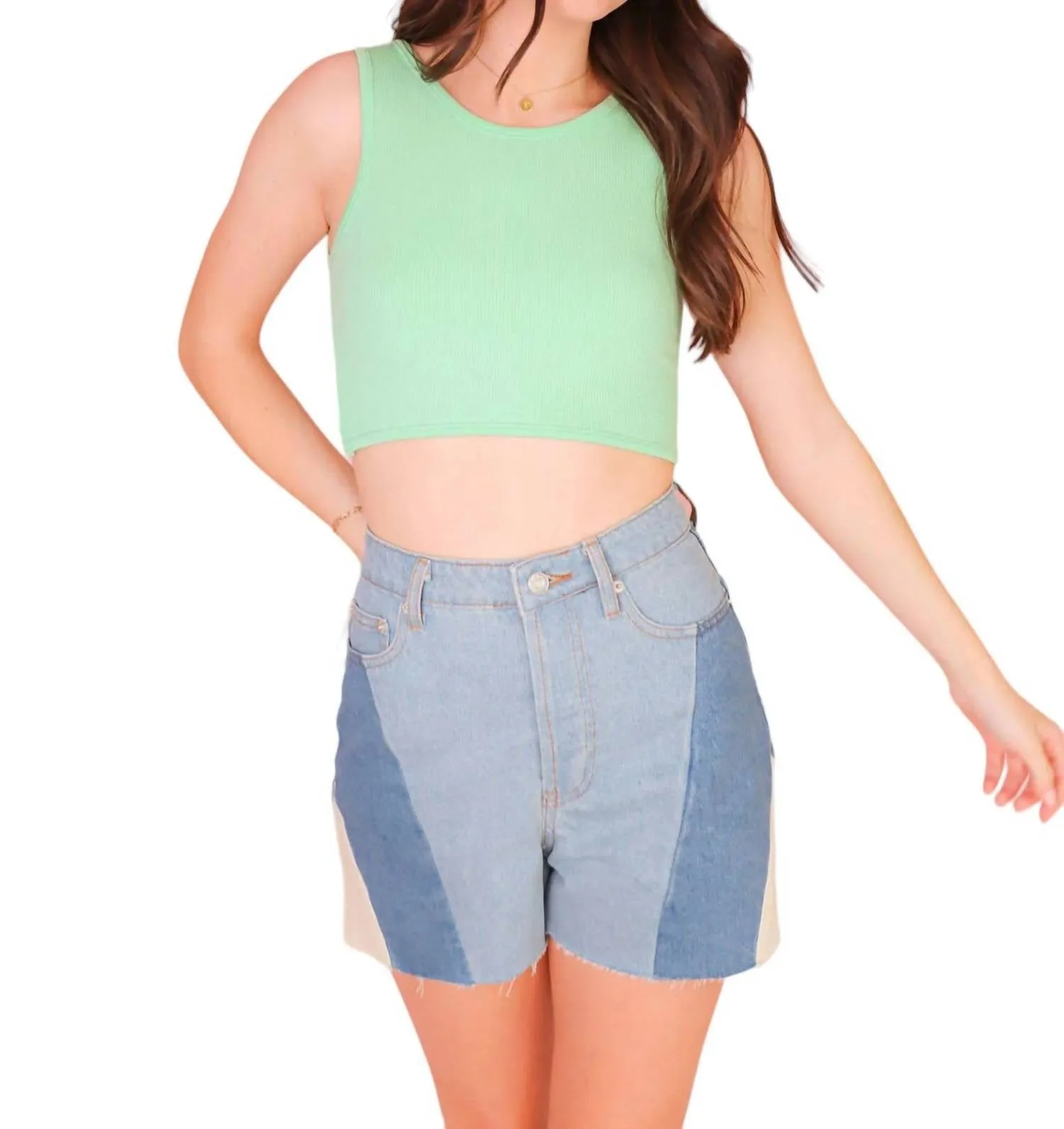 Blocking You Out Shorts In Denim Color Block