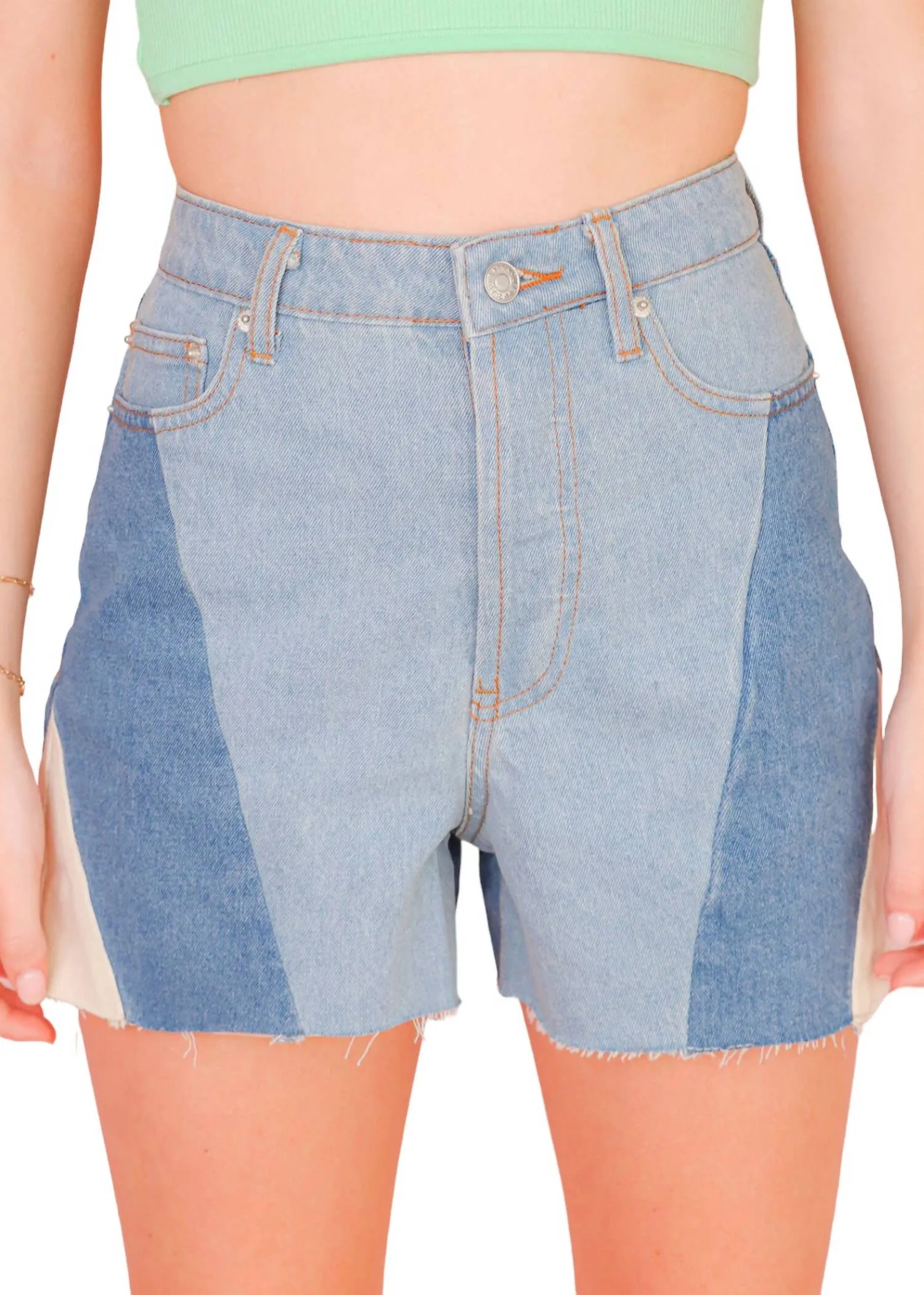 Blocking You Out Shorts In Denim Color Block
