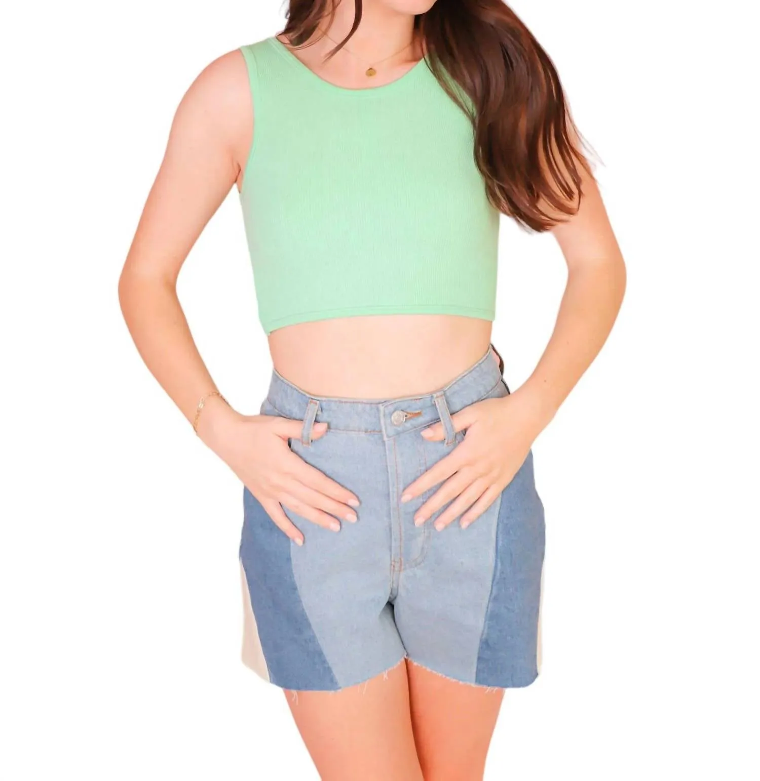 Blocking You Out Shorts In Denim Color Block
