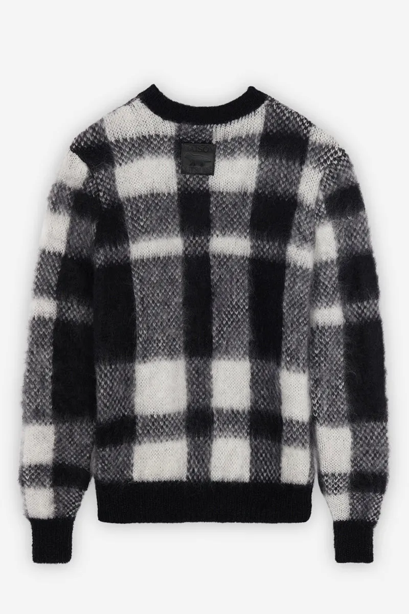 BRUSHED MOHAIR CHECK PULLOVER BLACK WHITE CHECK
