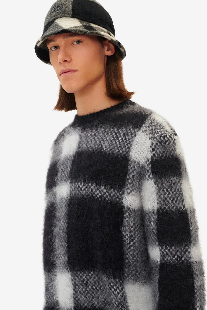BRUSHED MOHAIR CHECK PULLOVER BLACK WHITE CHECK