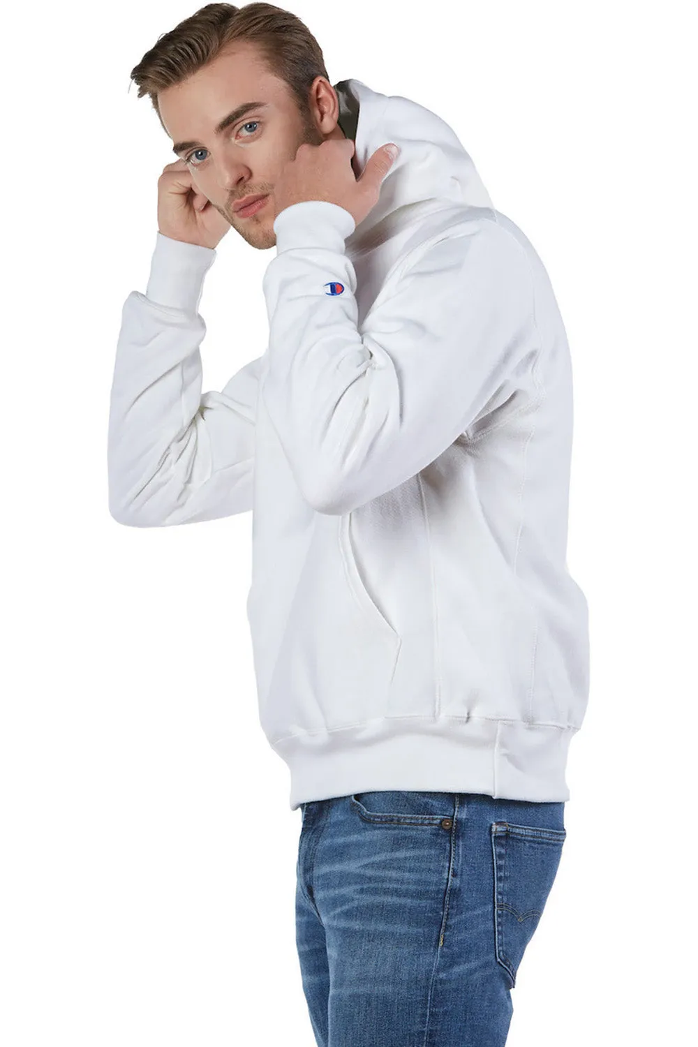 Champion Mens Shrink Resistant Hooded Sweatshirt Hoodie w/ Pouch Pocket - White
