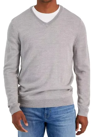 Club Room Sweater Men's 2XL Gray Solid Merino Wool V-Neck Pullover APP1359