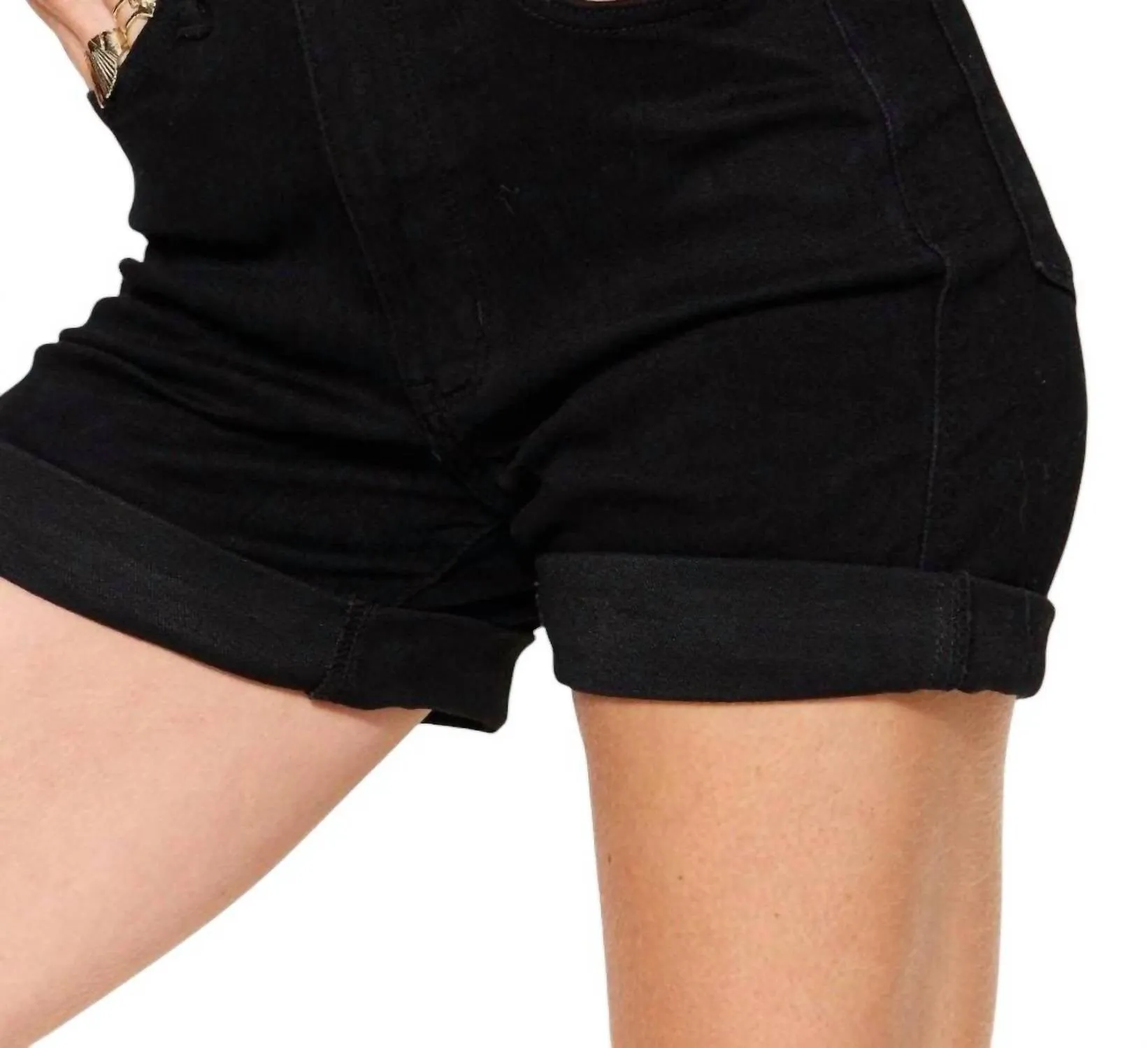 Cuffed High Rise Denim Shorts In Black
