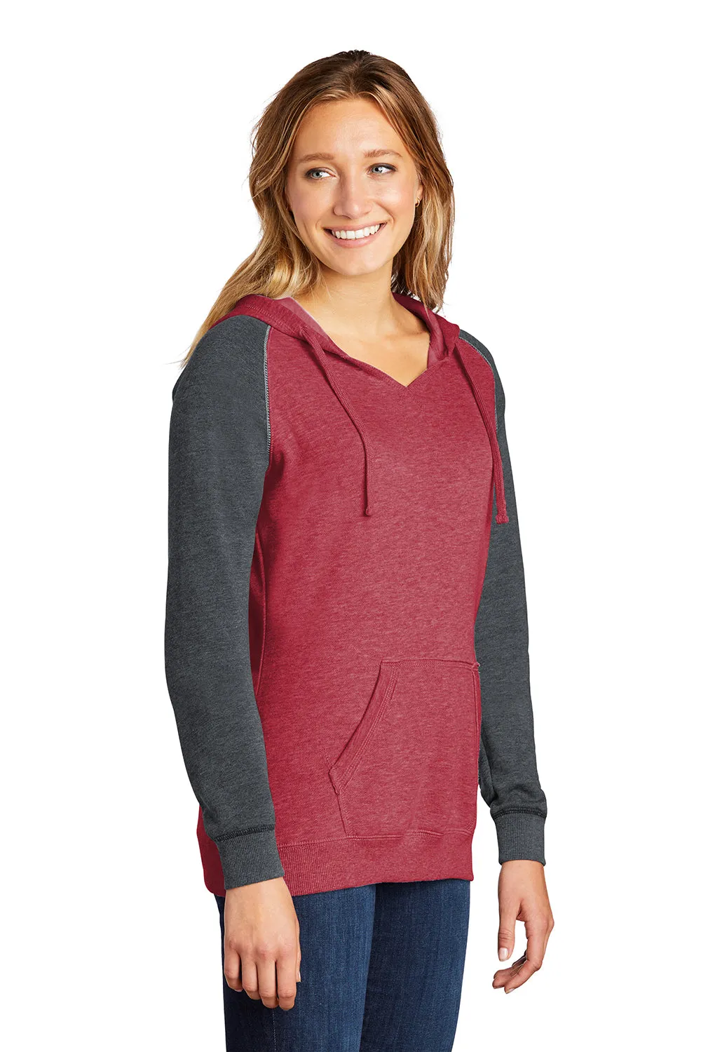 District Womens Fleece Hooded Sweatshirt Hoodie w/ Pouch Pocket - Heather Red/Charcoal Grey