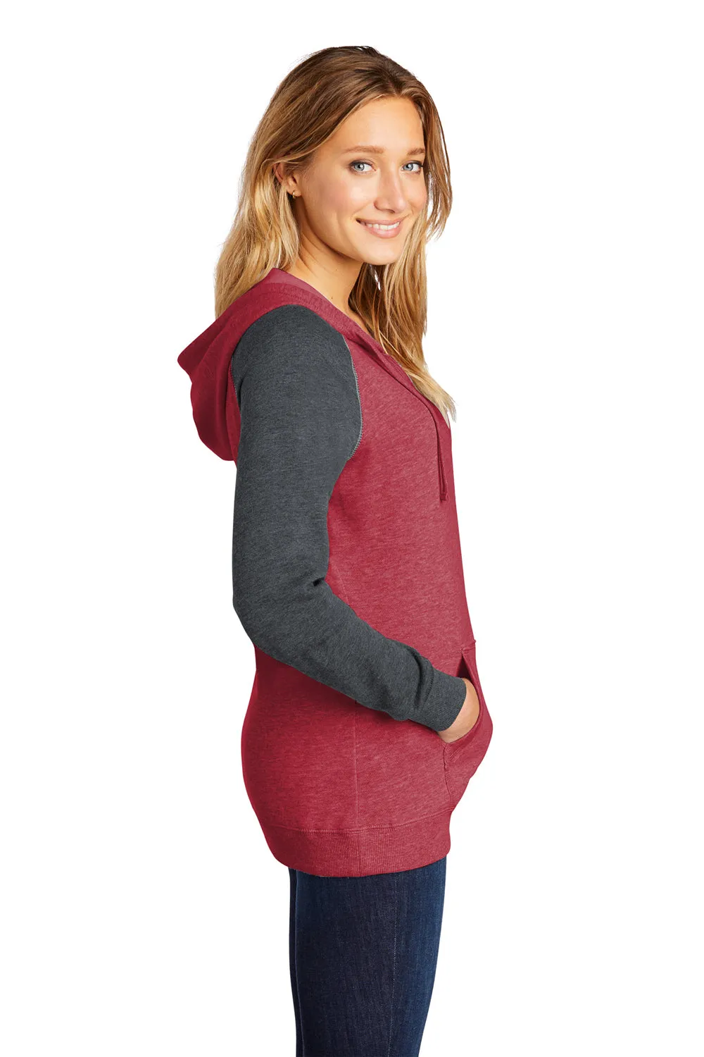 District Womens Fleece Hooded Sweatshirt Hoodie w/ Pouch Pocket - Heather Red/Charcoal Grey