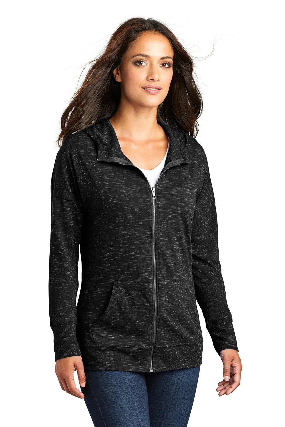 District Womens Medal Full Zip Hooded Sweatshirt Hoodie w/ Pockets - Black