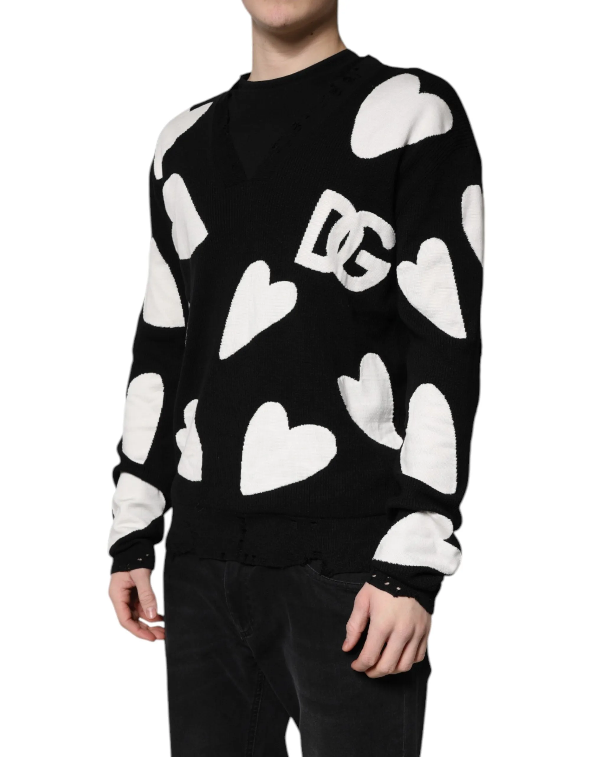 Dolce & Gabbana Hearts Silk Crew Neck Pullover Men's Sweater