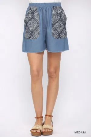 FASHNZFAB Denim And Print Pockets Elastic Waist Shorts With Raw Hem