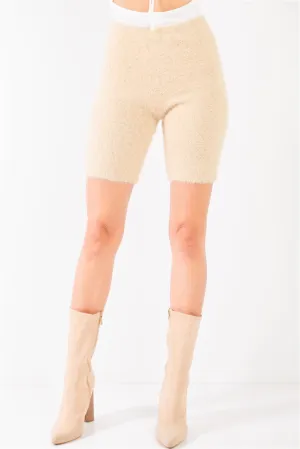 FASHNZFAB Oatmeal Beige Knit High Waist Stretchy Warm Fuzzy Biker Shorts