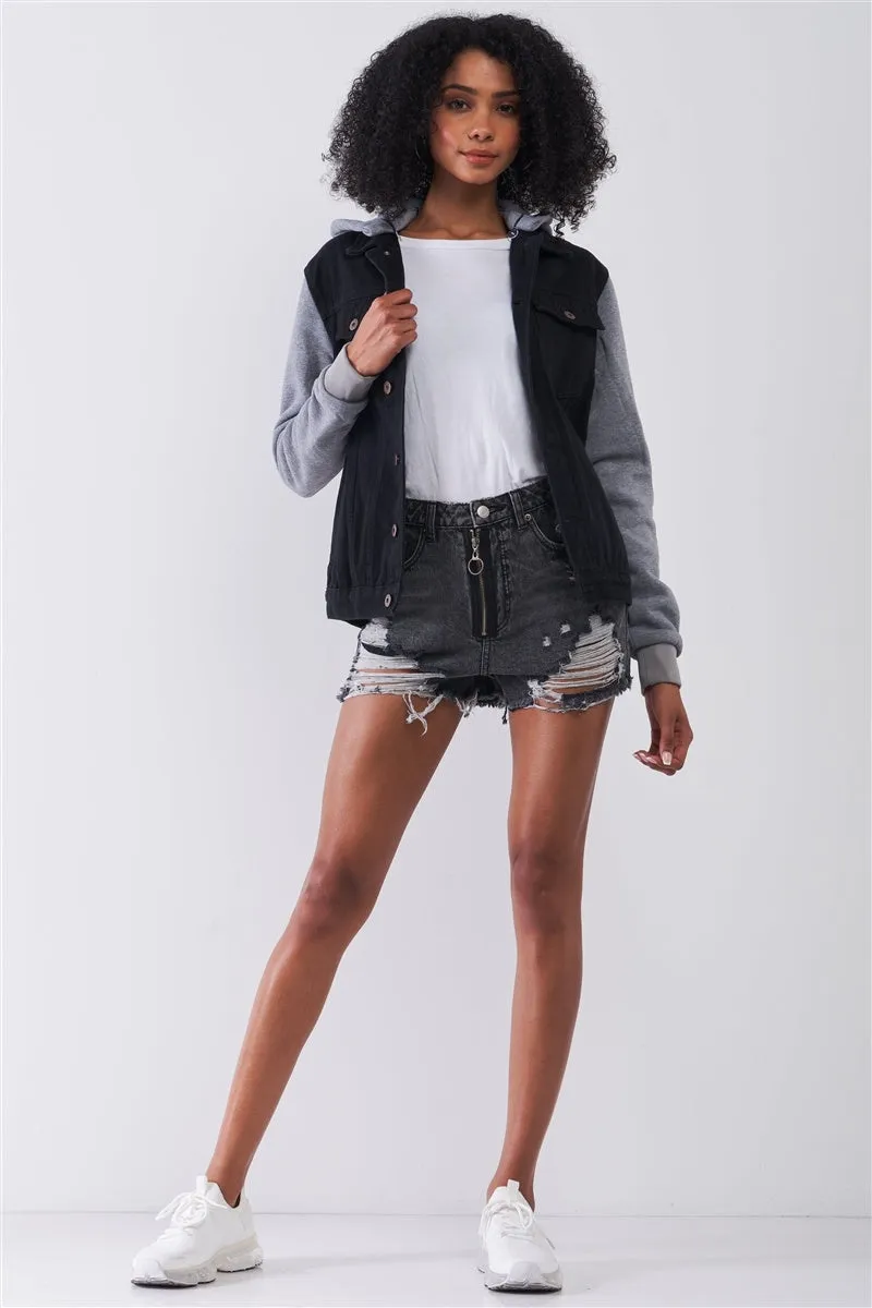 FASHNZFAB Ripped High-waist Front Zip-up Raw Hem Detail Distressed Mini Shorts