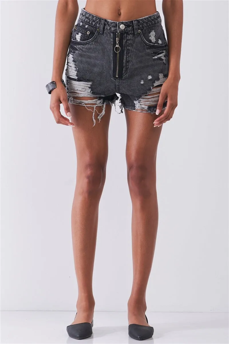 FASHNZFAB Ripped High-waist Front Zip-up Raw Hem Detail Distressed Mini Shorts