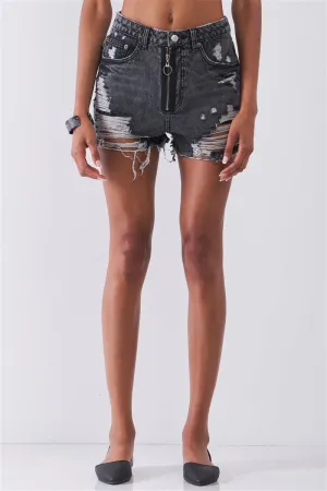 FASHNZFAB Ripped High-waist Front Zip-up Raw Hem Detail Distressed Mini Shorts
