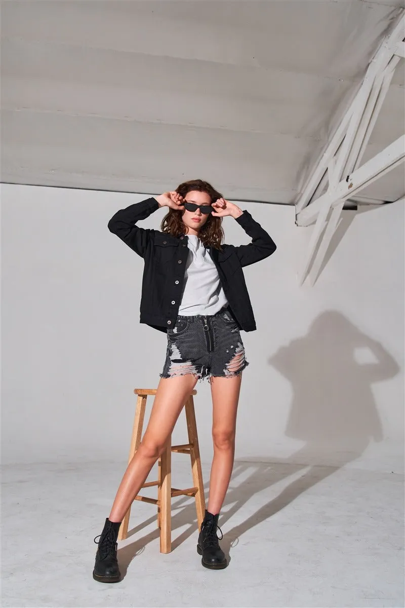 FASHNZFAB Ripped High-waist Front Zip-up Raw Hem Detail Distressed Mini Shorts