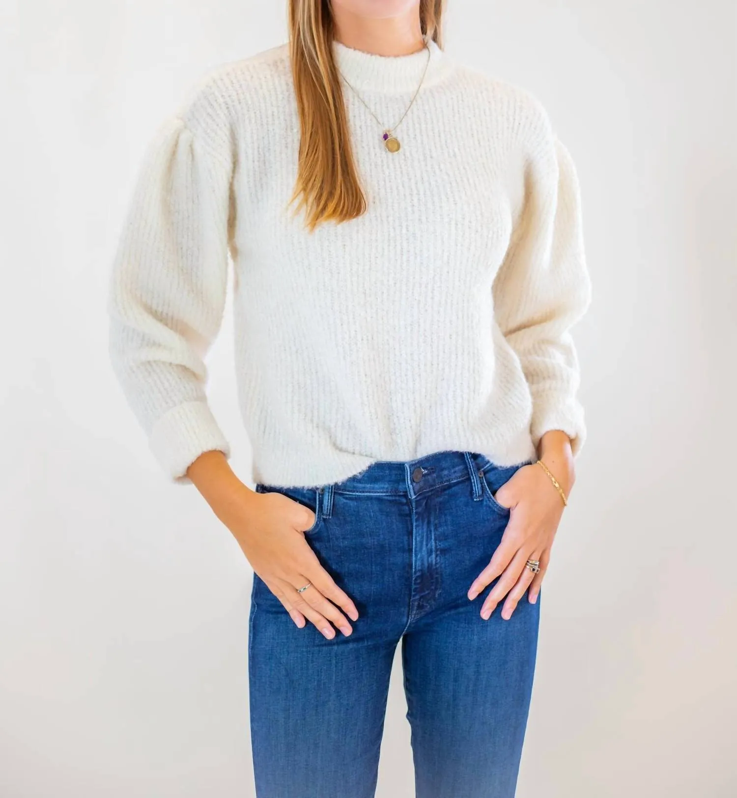 Fass Boucle Puff Sleeve Pullover Sweater In Chalk