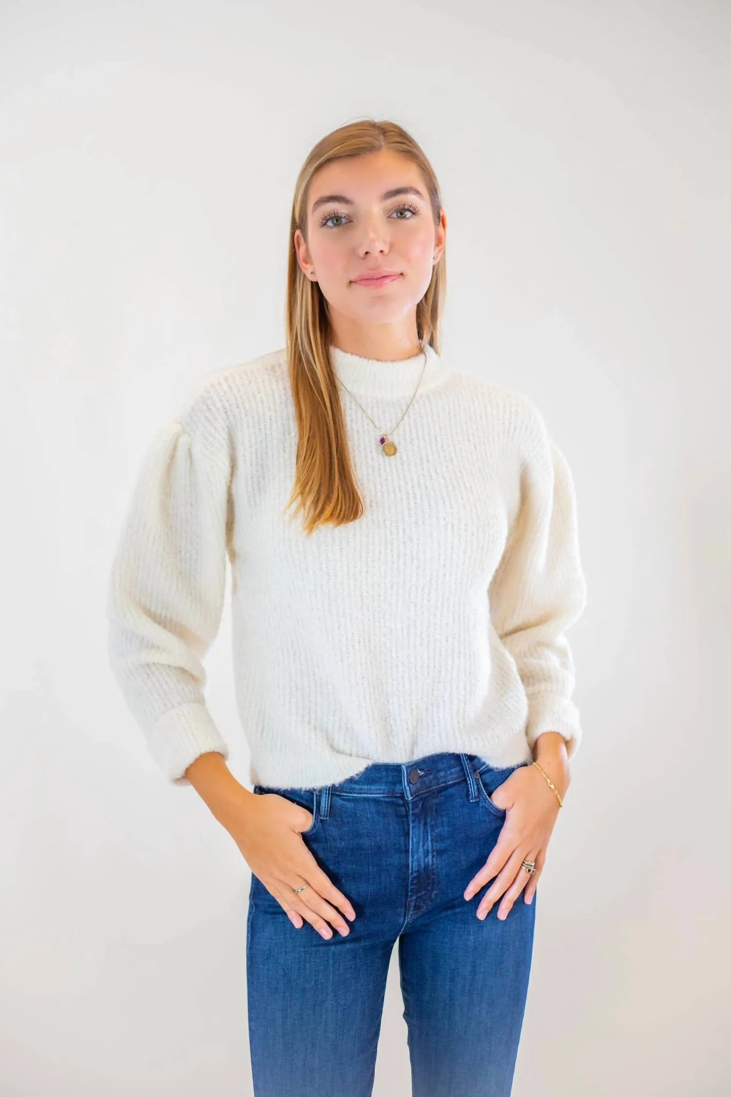 Fass Boucle Puff Sleeve Pullover Sweater In Chalk