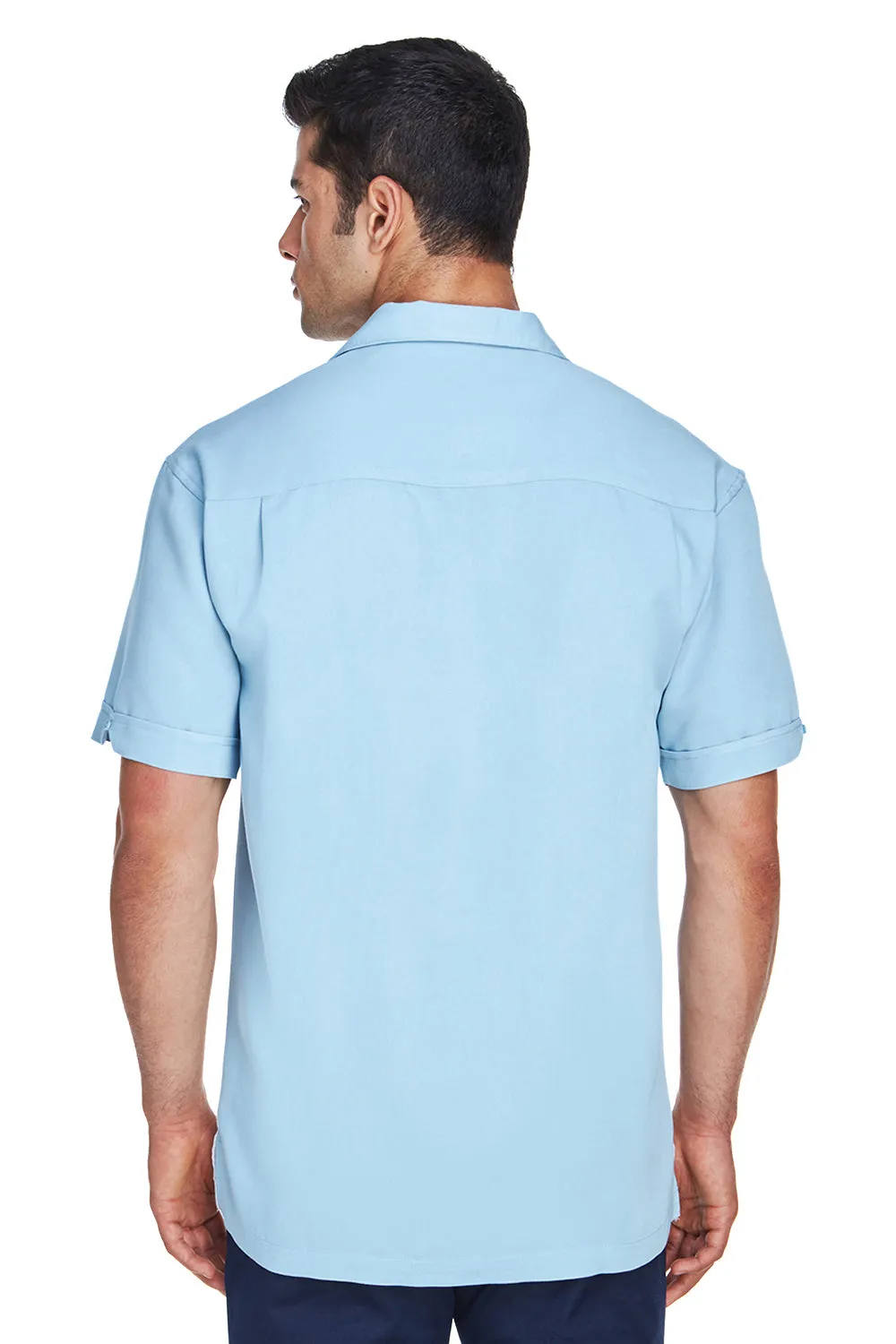 Harriton Mens Bahama Wrinkle Resistant Short Sleeve Button Down Camp Shirt - Cloud Blue/Cream