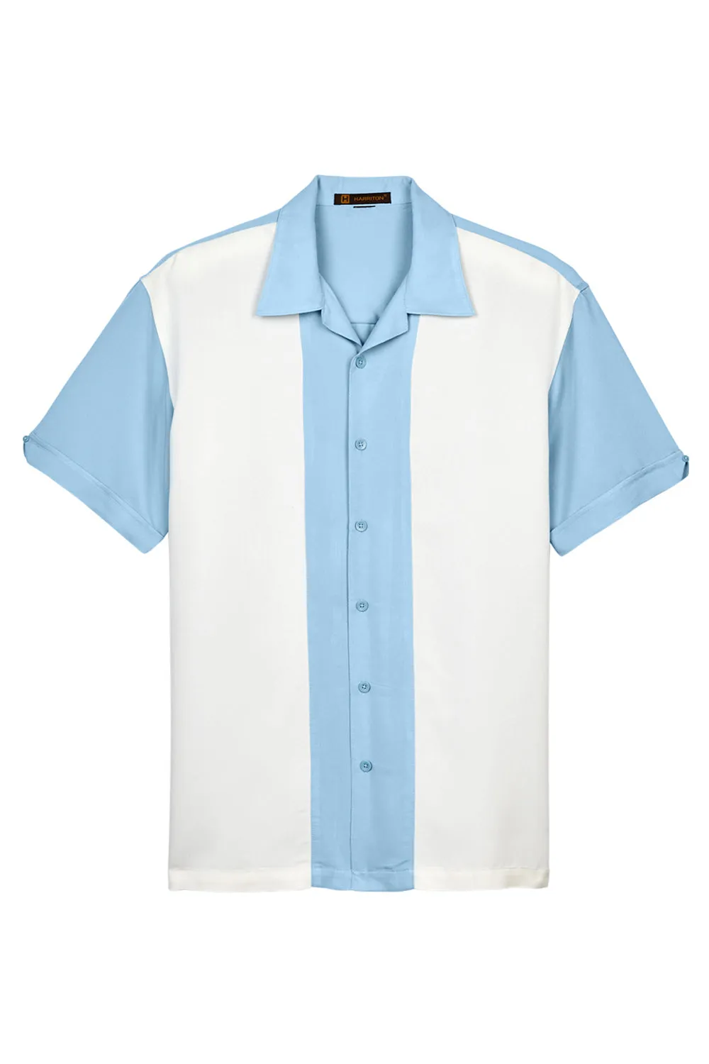 Harriton Mens Bahama Wrinkle Resistant Short Sleeve Button Down Camp Shirt - Cloud Blue/Cream