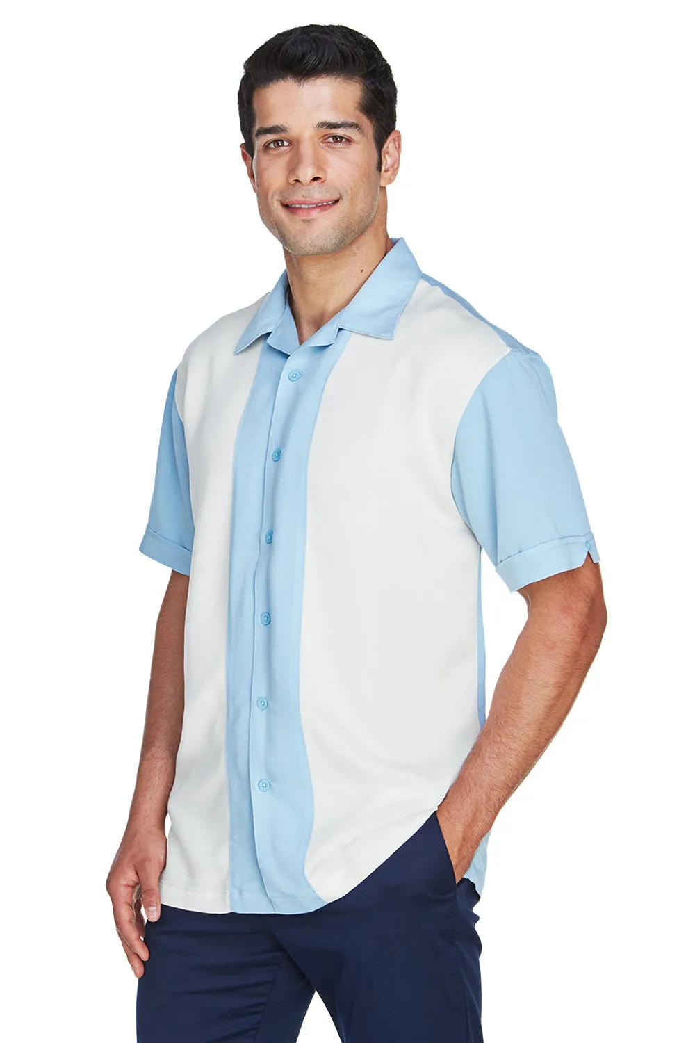 Harriton Mens Bahama Wrinkle Resistant Short Sleeve Button Down Camp Shirt - Cloud Blue/Cream