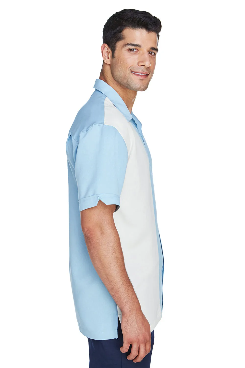 Harriton Mens Bahama Wrinkle Resistant Short Sleeve Button Down Camp Shirt - Cloud Blue/Cream