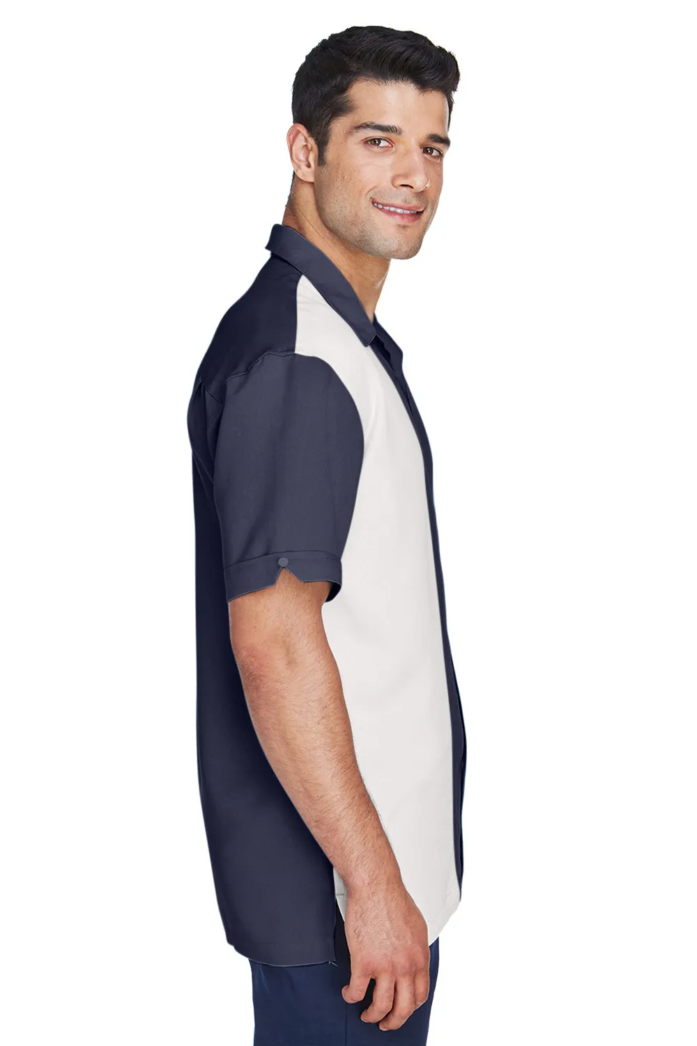 Harriton Mens Bahama Wrinkle Resistant Short Sleeve Button Down Camp Shirt - Navy Blue/Cream