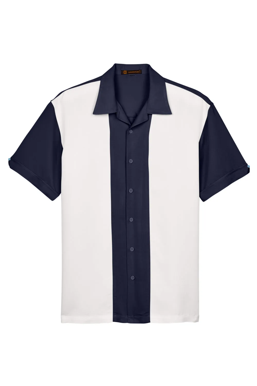 Harriton Mens Bahama Wrinkle Resistant Short Sleeve Button Down Camp Shirt - Navy Blue/Cream
