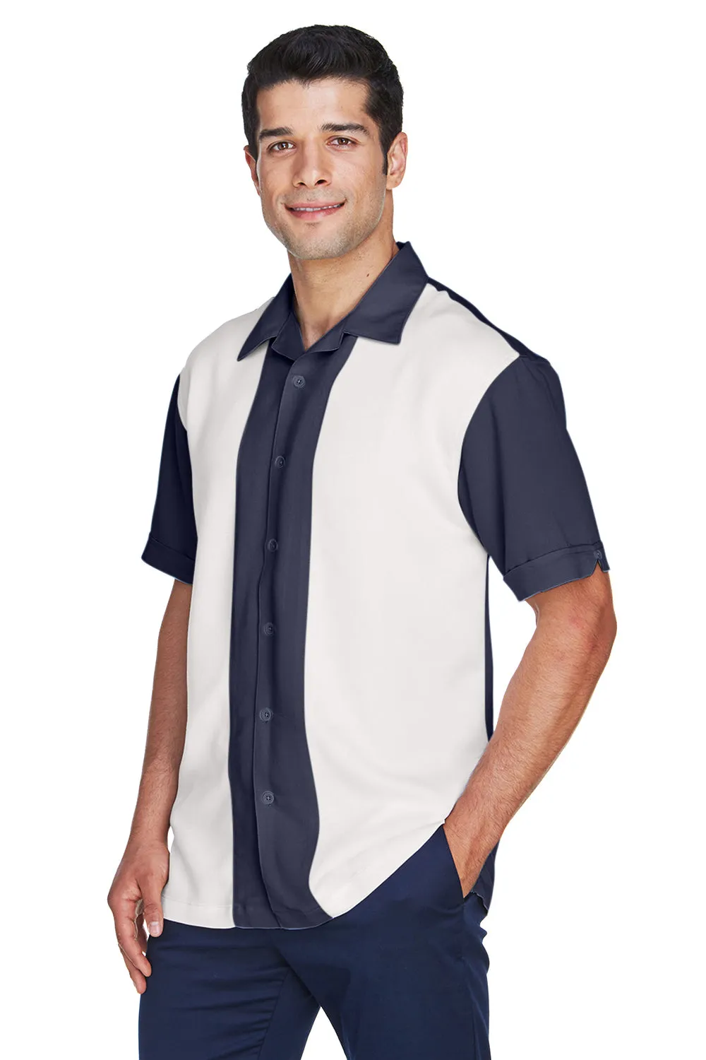 Harriton Mens Bahama Wrinkle Resistant Short Sleeve Button Down Camp Shirt - Navy Blue/Cream