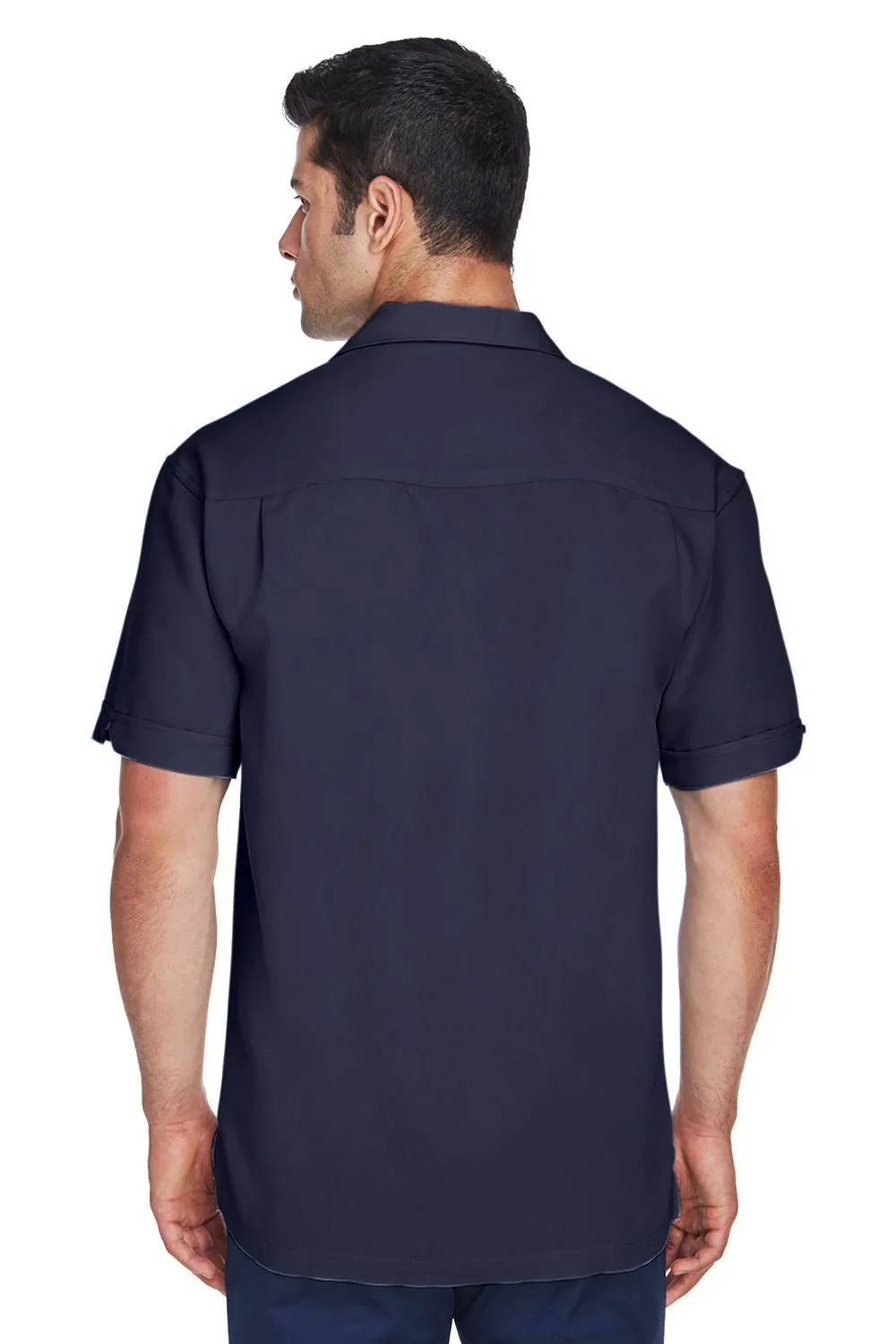 Harriton Mens Bahama Wrinkle Resistant Short Sleeve Button Down Camp Shirt - Navy Blue/Cream