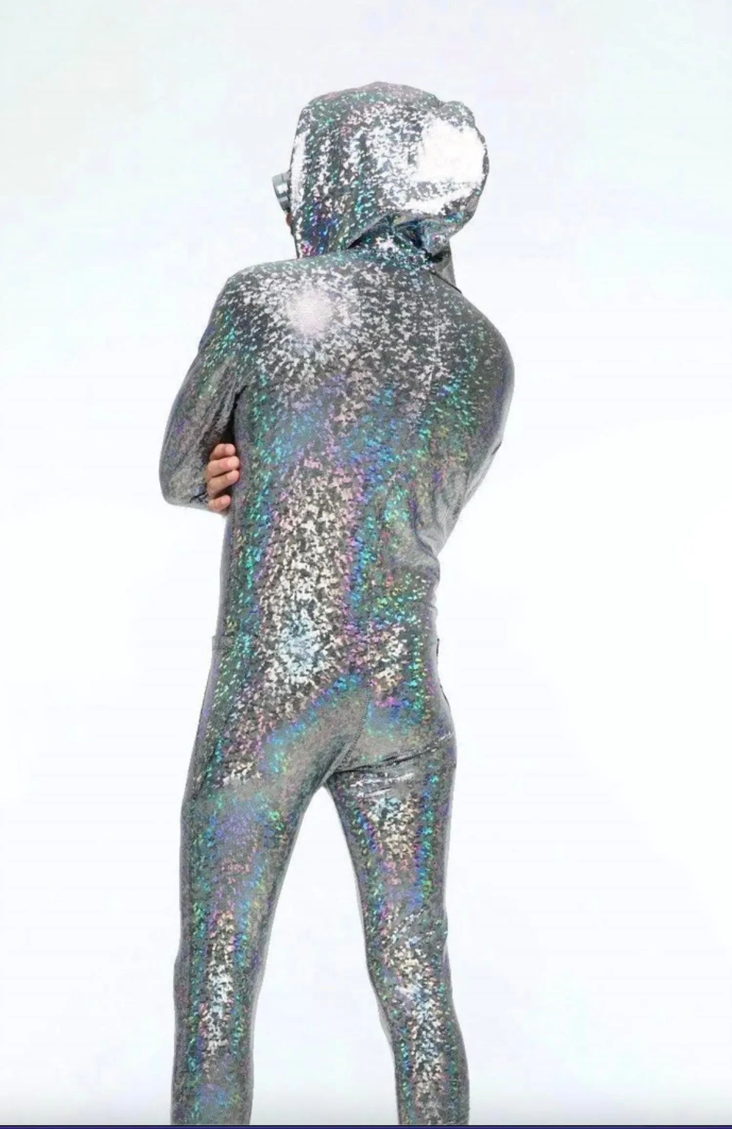 Holographic Hooded Onsie Jumpsuit In White And Purple