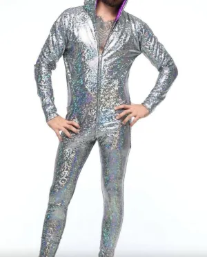 Holographic Hooded Onsie Jumpsuit In White And Purple