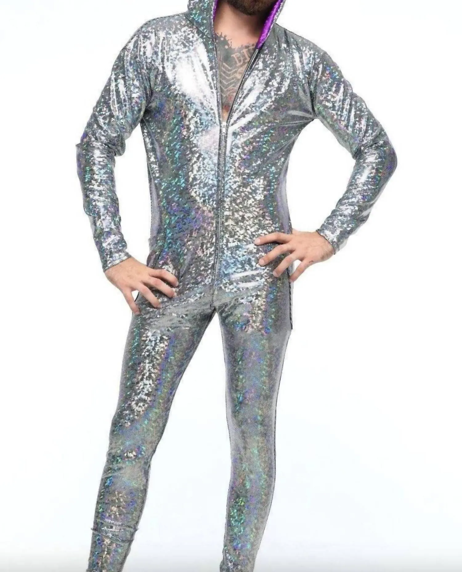 Holographic Hooded Onsie Jumpsuit In White And Purple