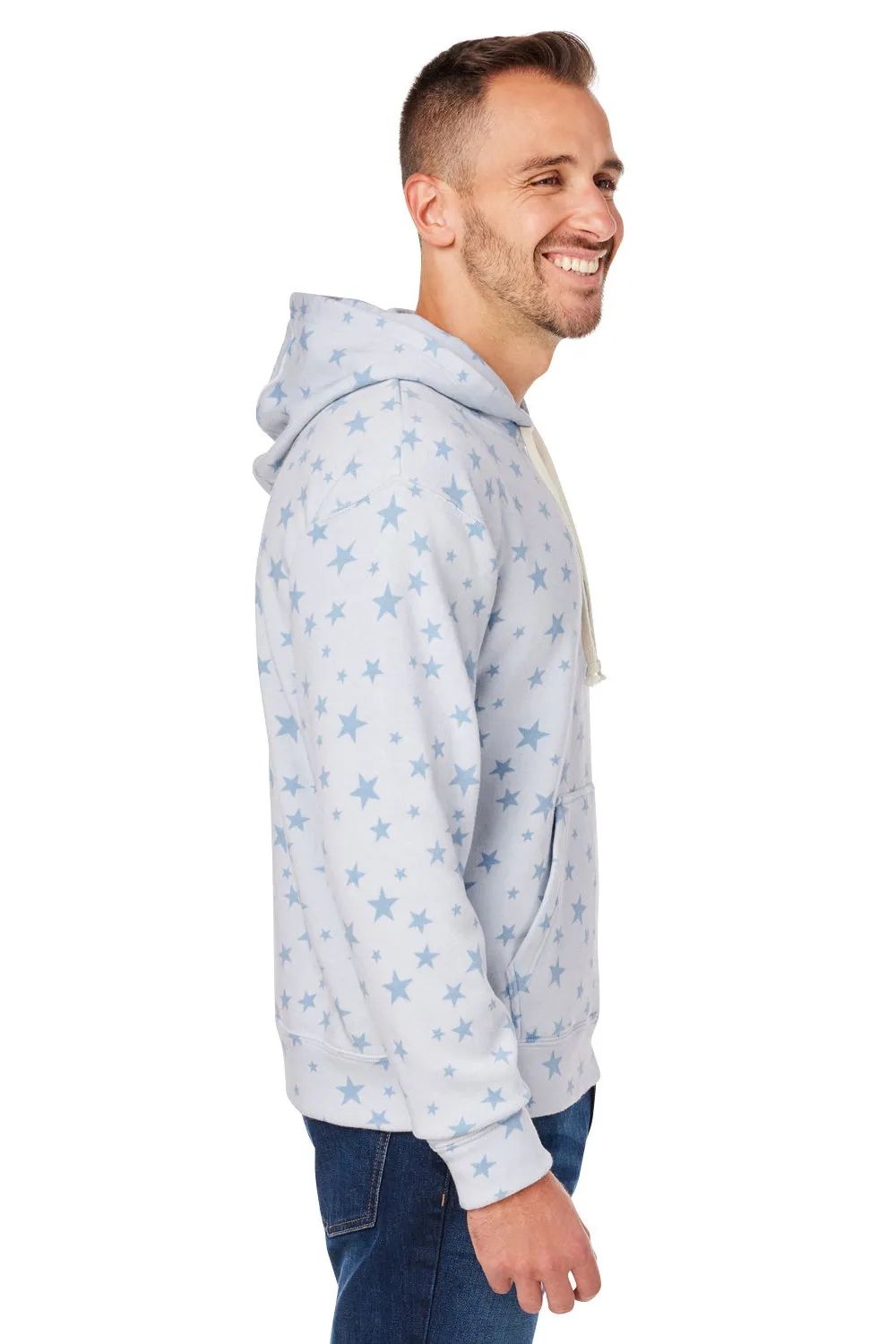 J America Mens Fleece Hooded Sweatshirt Hoodie w/ Pouch Pocket - Chambray Blue Stars
