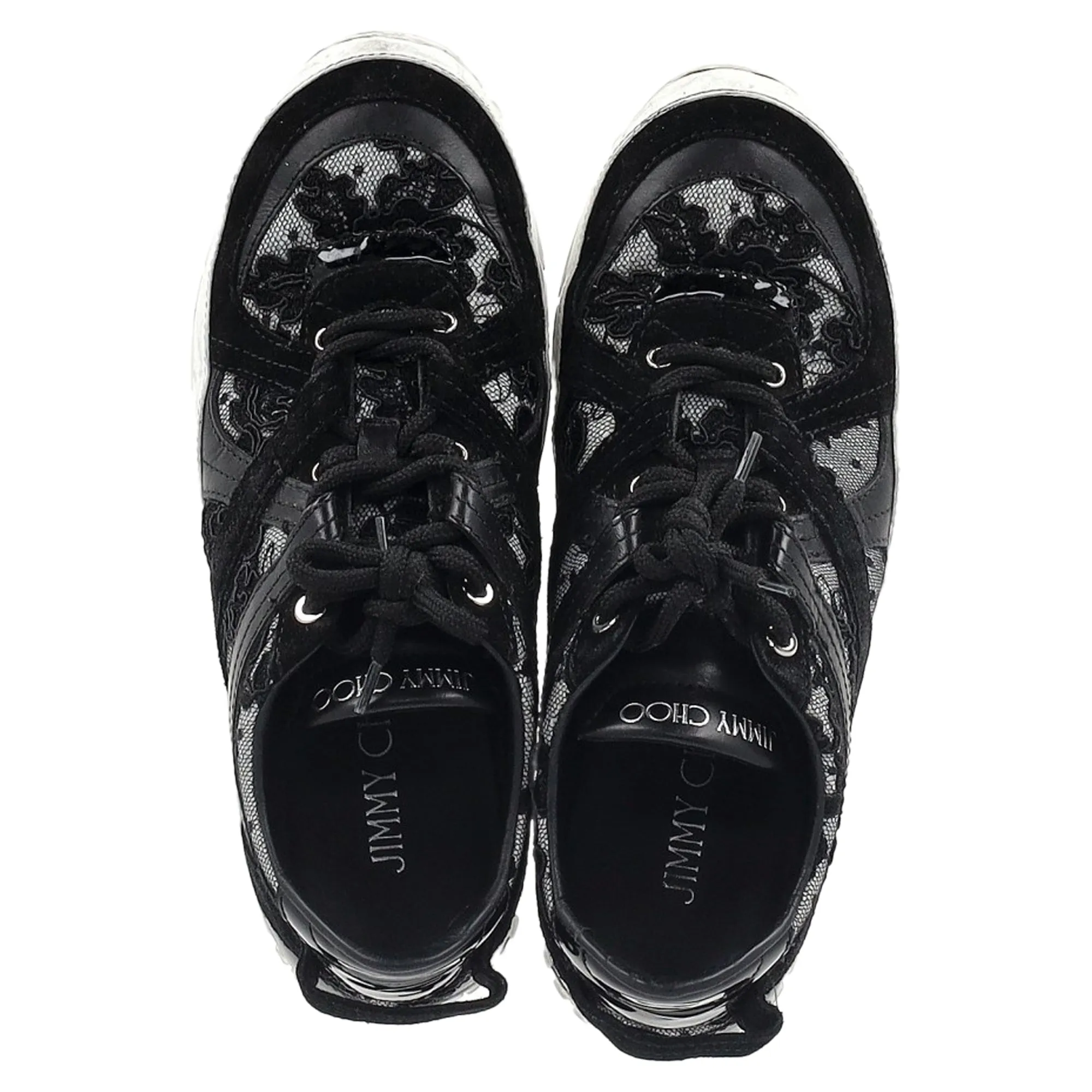 Jimmy Choo Seattle Floral Lace Mesh Trainers in Black Leather