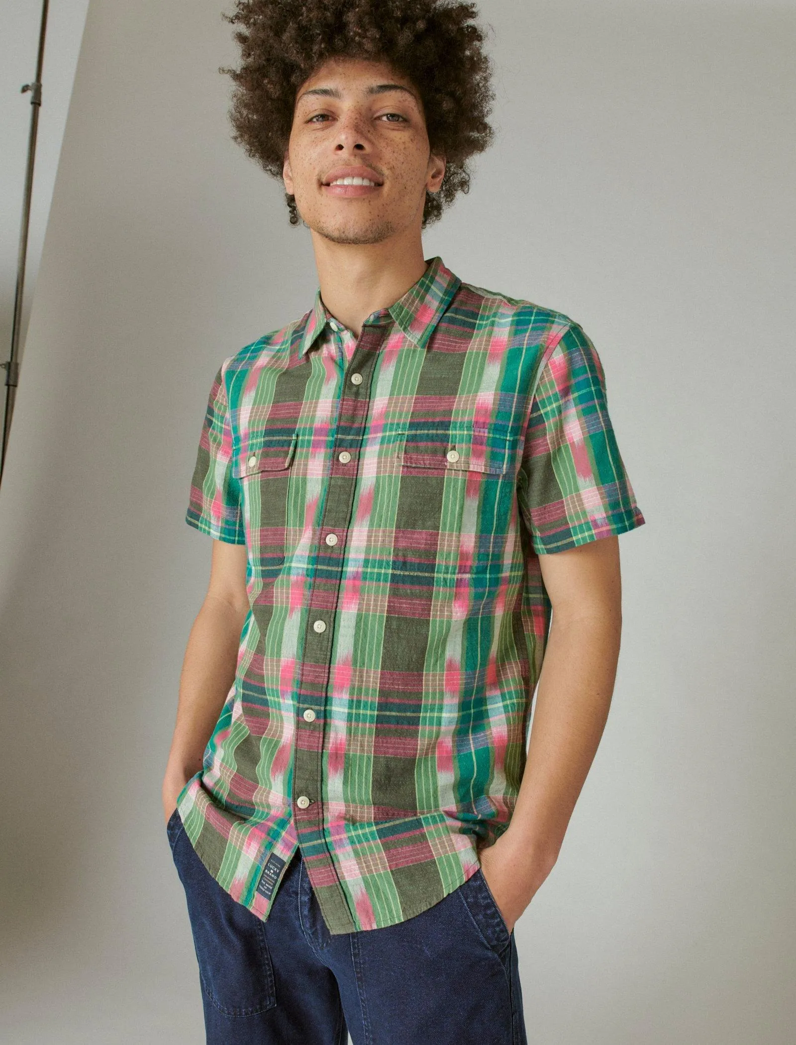 Lucky Brand Men's Ikat Plaid Utility Short Sleeve Shirt