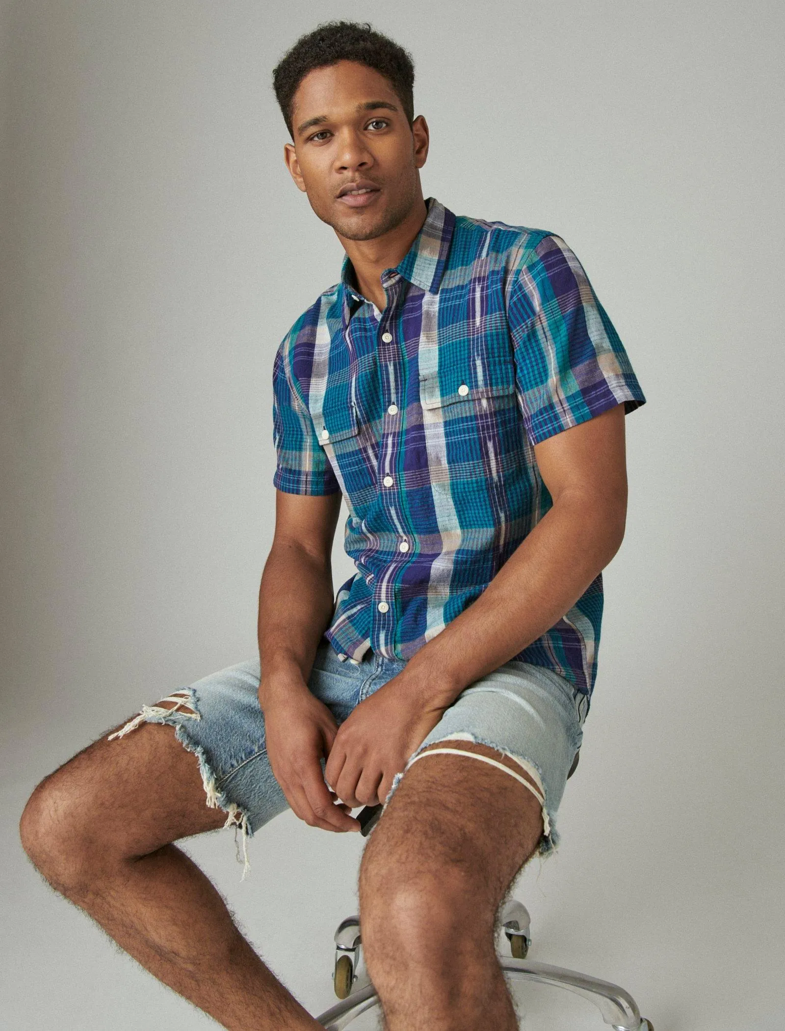 Lucky Brand Men's Ikat Plaid Utility Short Sleeve Shirt