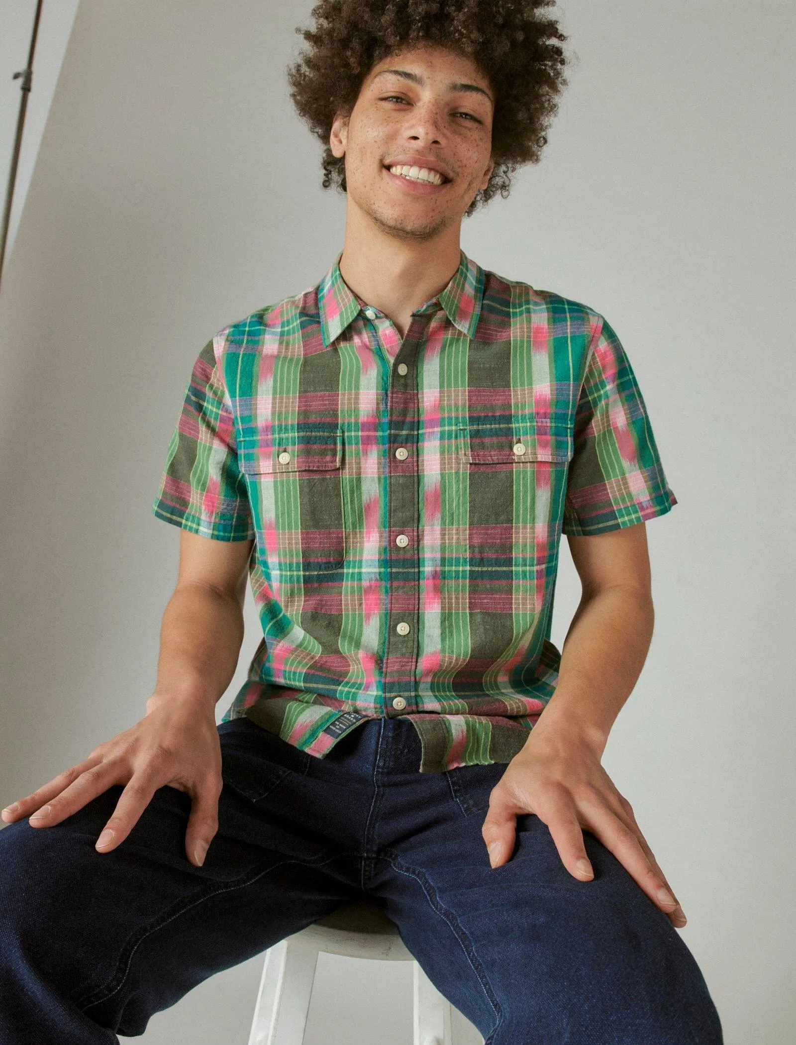 Lucky Brand Men's Ikat Plaid Utility Short Sleeve Shirt