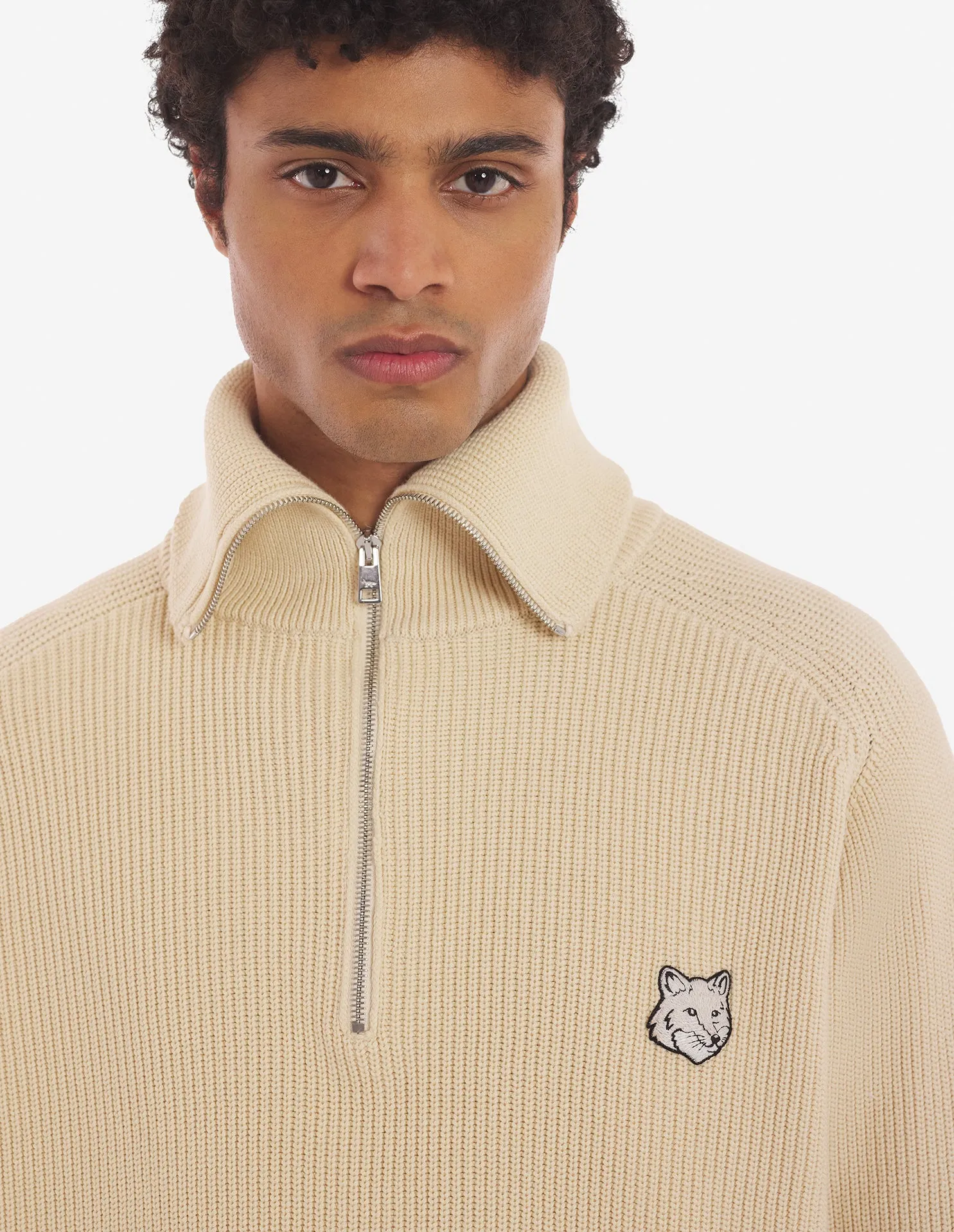 Men's Bold Fox Head Patch Half Zip Ribbed Jumper Paper