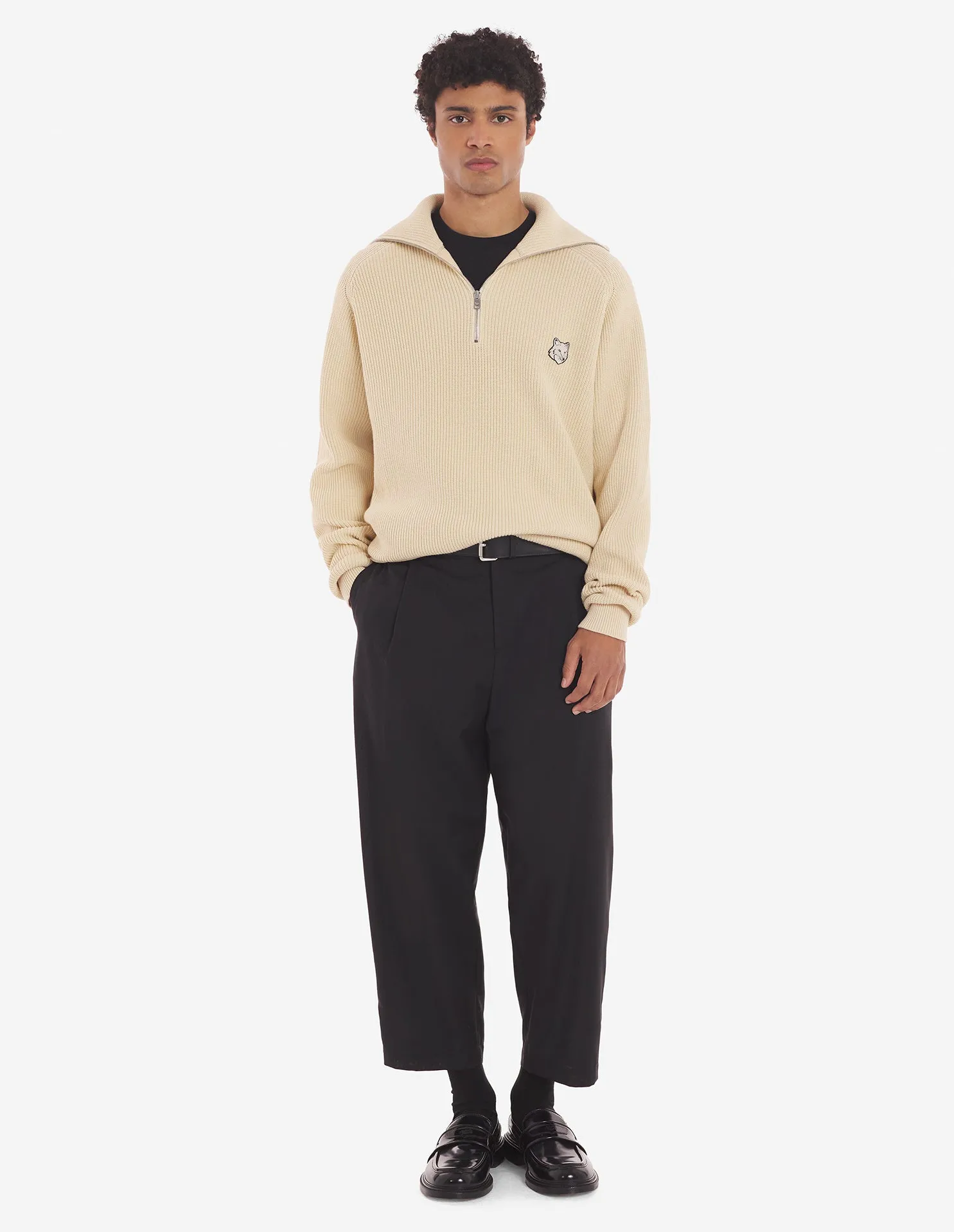 Men's Bold Fox Head Patch Half Zip Ribbed Jumper Paper
