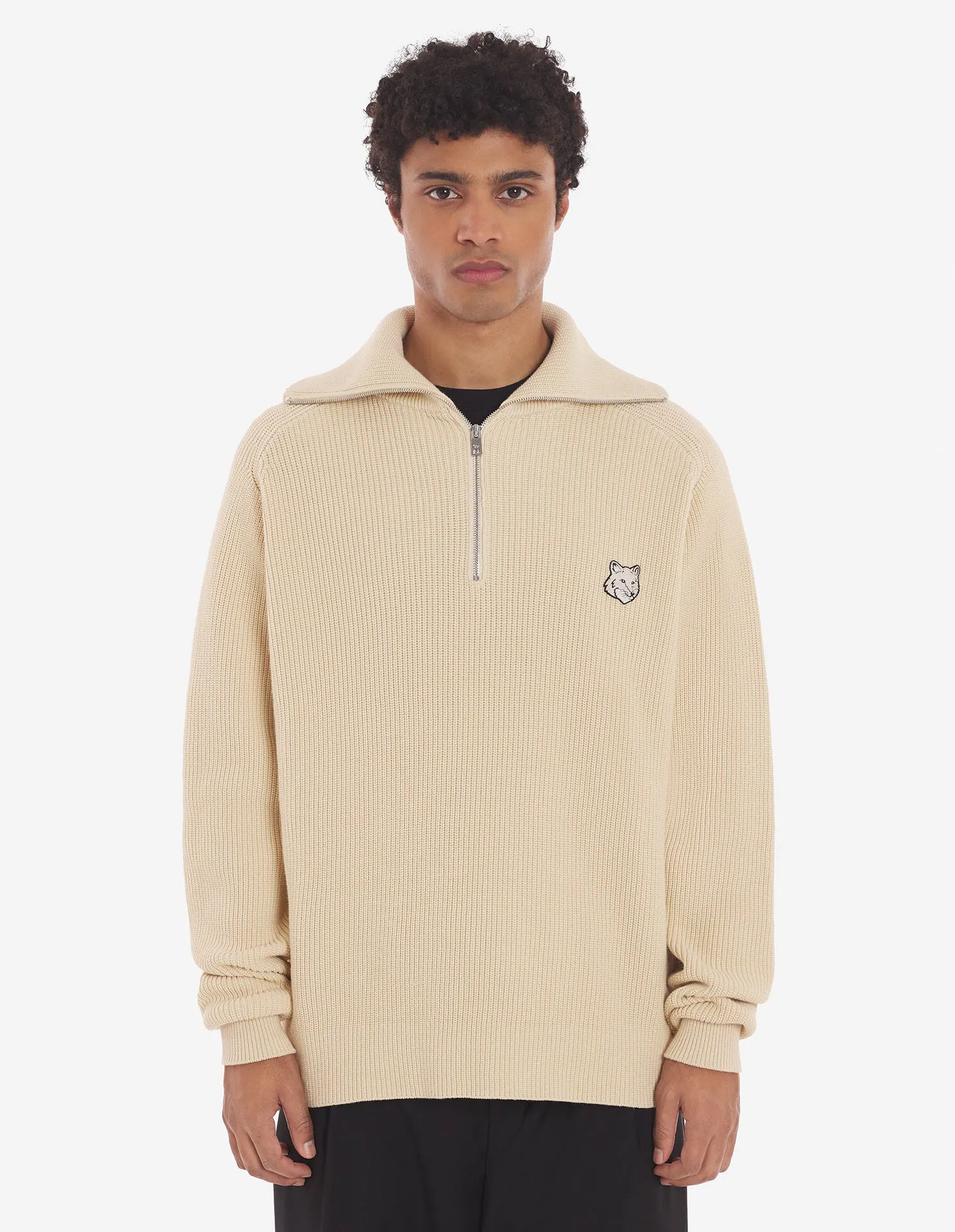 Men's Bold Fox Head Patch Half Zip Ribbed Jumper Paper
