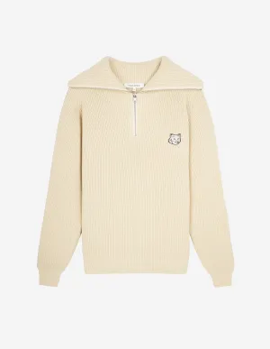Men's Bold Fox Head Patch Half Zip Ribbed Jumper Paper