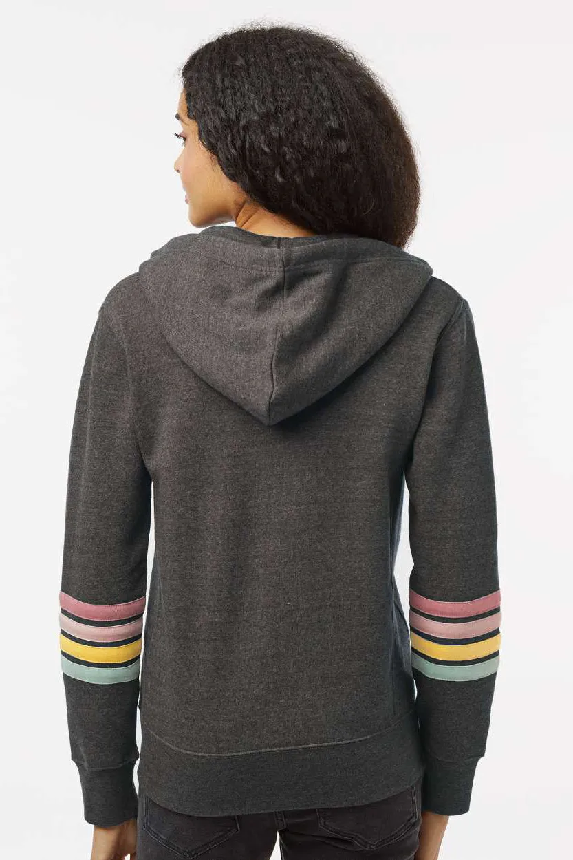 MV Sport Womens Striped Sleeves Full Zip Hooded Sweatshirt Hoodie w/ Pockets - Charcoal Grey