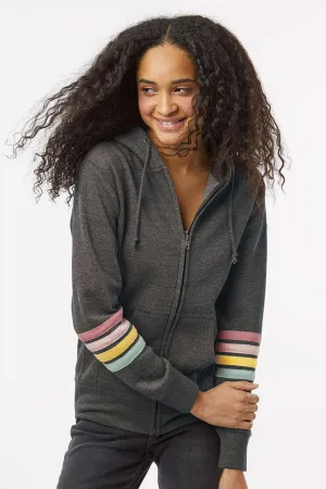 MV Sport Womens Striped Sleeves Full Zip Hooded Sweatshirt Hoodie w/ Pockets - Charcoal Grey