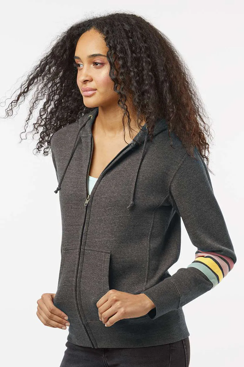 MV Sport Womens Striped Sleeves Full Zip Hooded Sweatshirt Hoodie w/ Pockets - Charcoal Grey
