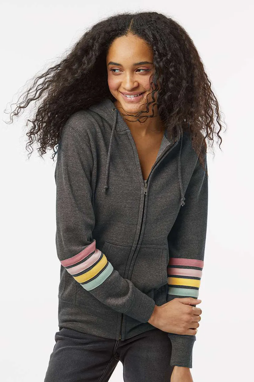 MV Sport Womens Striped Sleeves Full Zip Hooded Sweatshirt Hoodie w/ Pockets - Charcoal Grey