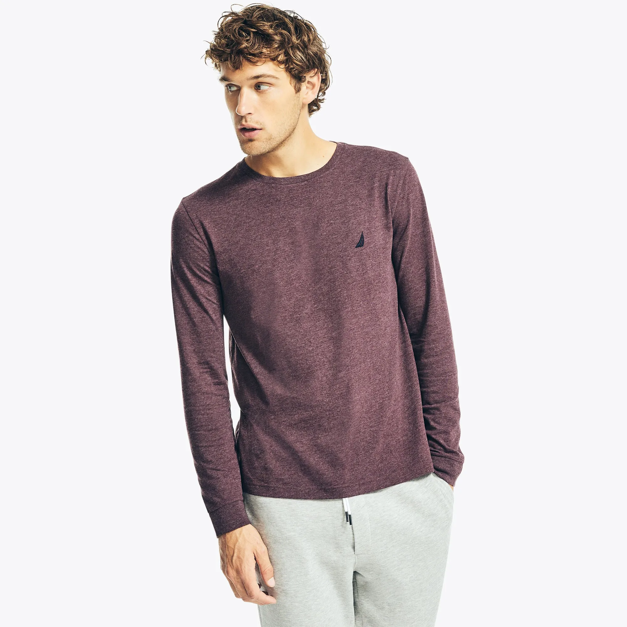 Nautica Mens Heathered Crewneck Long-Sleeve T-Shirt
