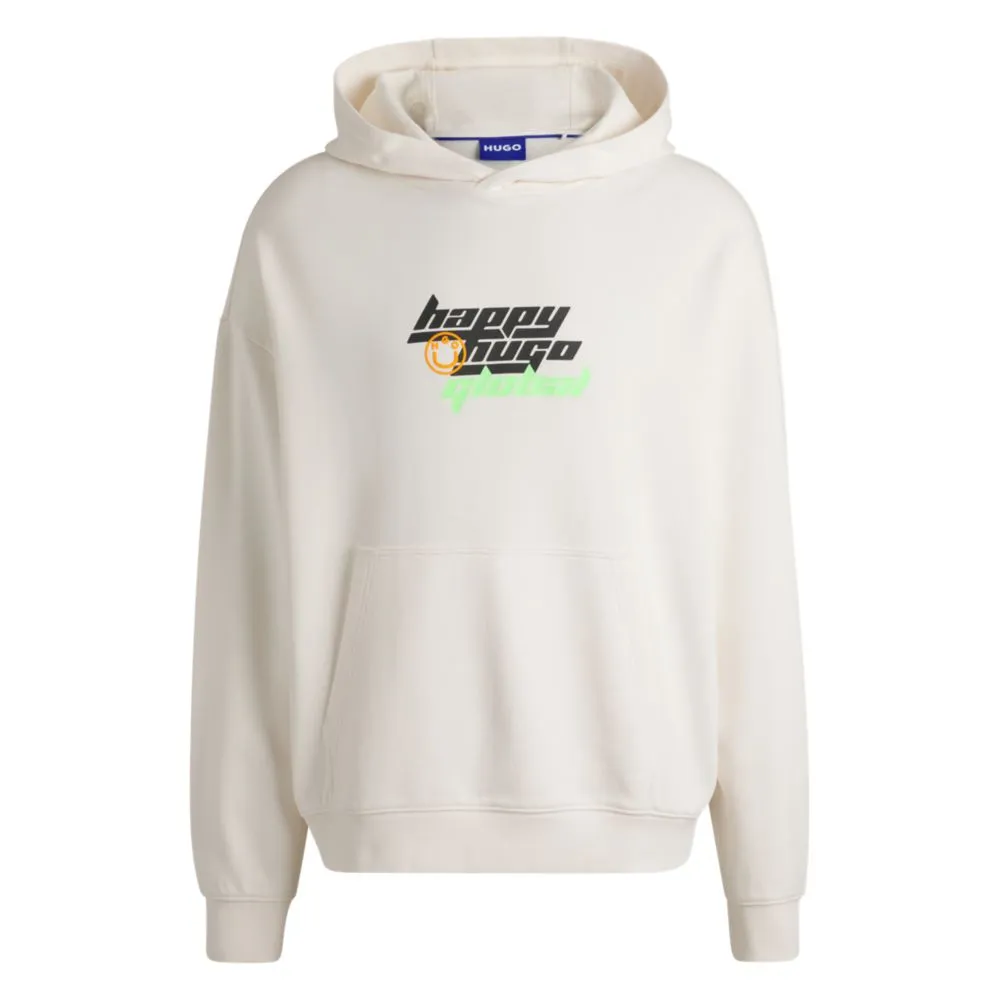 Oversize-fit cotton-terry hoodie with Happy HUGO logo